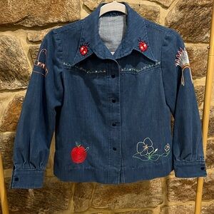 Vintage 60s Hand Embroidered Denim Shirt Jacket with dagger collar